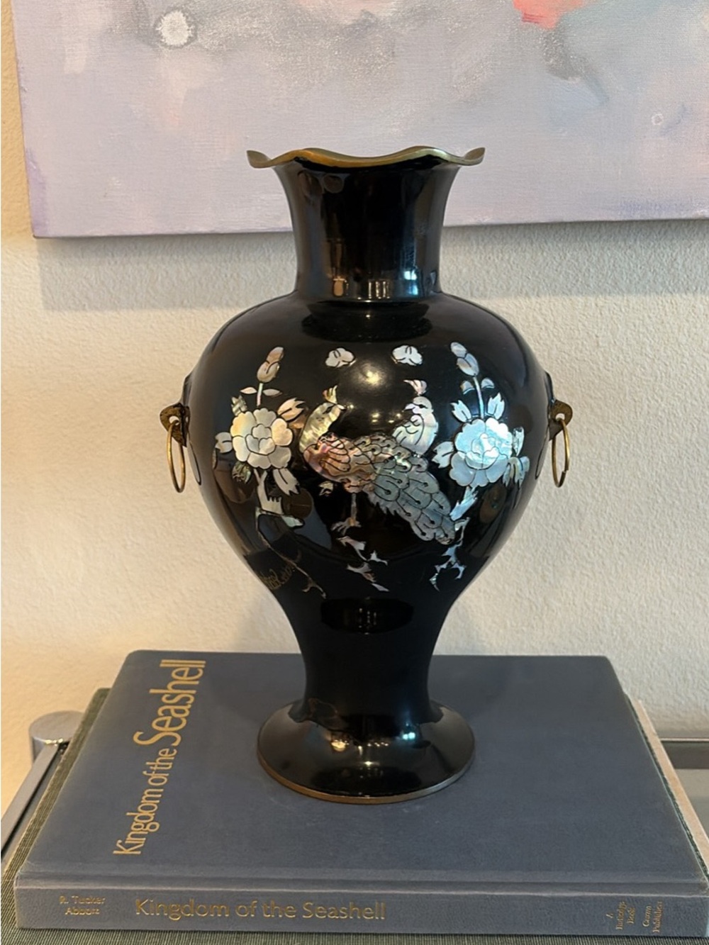 Vintage Asian Lacquered Brass Vase Mother of Pearl Abalone Shell Inlay Peacock